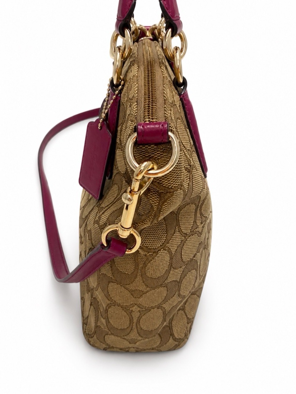 Coach Kelsey Signature C Canvas Khaki & Fuchsia Leather Trim Crossbody Bag - Picture 5 of 11
